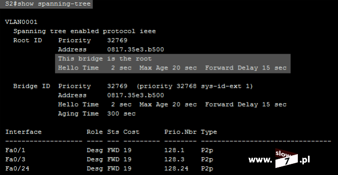 49 (Pobrane z slow7.pl) Przełączniki został włączone, algorytm STP wybrał root-a (przełącznik S2), wartości zegarów protokołu STP przyjęły domyślne wartości.