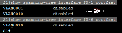 57 (Pobrane z slow7.pl) Sprawdźmy stan skonfigurowany portów pod kątem mechanizmu PortFast. Wydanie polecenia: show spanning-tree interface <id_portu> portfast uwidoczni status funkcji.