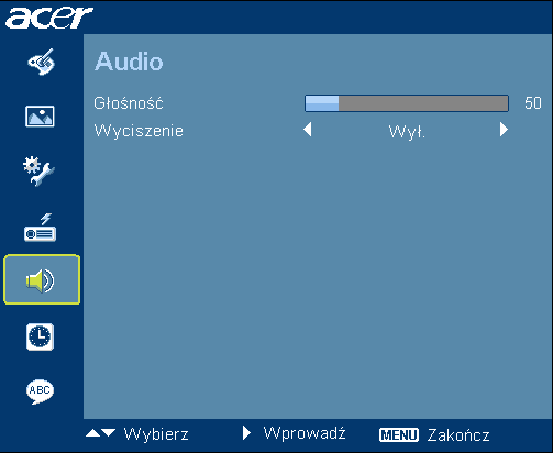 26 Duża wys n.p.m Automatyczne wył. (Minuty) Godz. wyświetl. lampy Poz. godziny wyśw. lampy Reset godzin lampy Wybierz Wł., aby włączyć tryb Duża wys n.p.m. Po włączeniu tej funkcji, wentylator projektora działa z stałą pełną szybkością w celu ochłodzenia projektora.