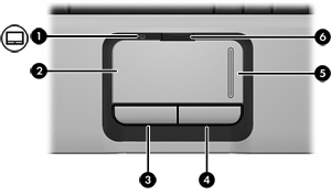 Elementy w górnej części komputera Płytka dotykowa TouchPad Element (1) Wskaźnik płytki dotykowej TouchPad Niebieski: Płytka dotykowa TouchPad jest włączona.