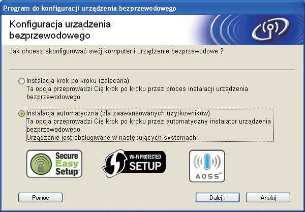 Konfiguracja sieci bezprzewodowej w systemie Windows za pomocą instalatora Brother (Dostępne dla modeli DCP) d Wyświetlone zostanie menu główne płyty CD. Kliknij przycisk Zaawansowane.