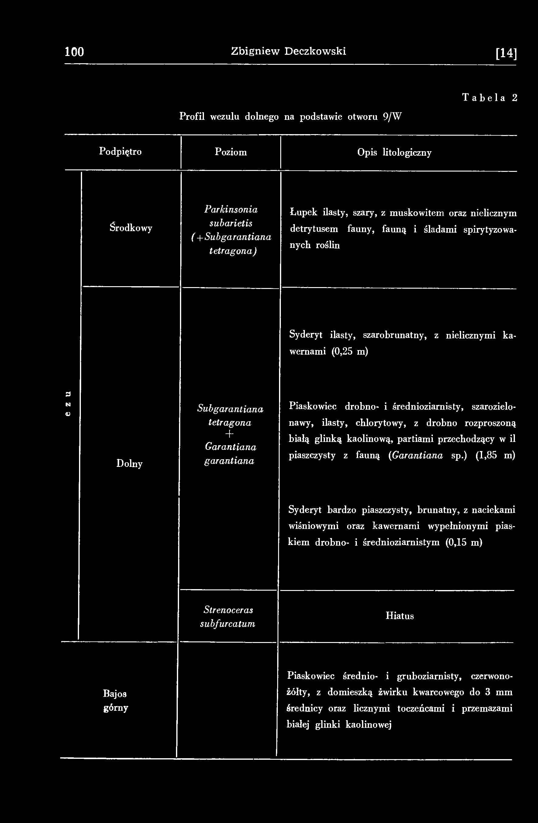 100 Zbigniew Deczkowski [14] Profil wezulu dolnego na podstawie otworu 9/W Tabela 2 Podpiętro Poziom Opis litologiczny środkowy Parkinsonia subarietis (+Sub garantiana tetragona) Łupek ilasty, szary,