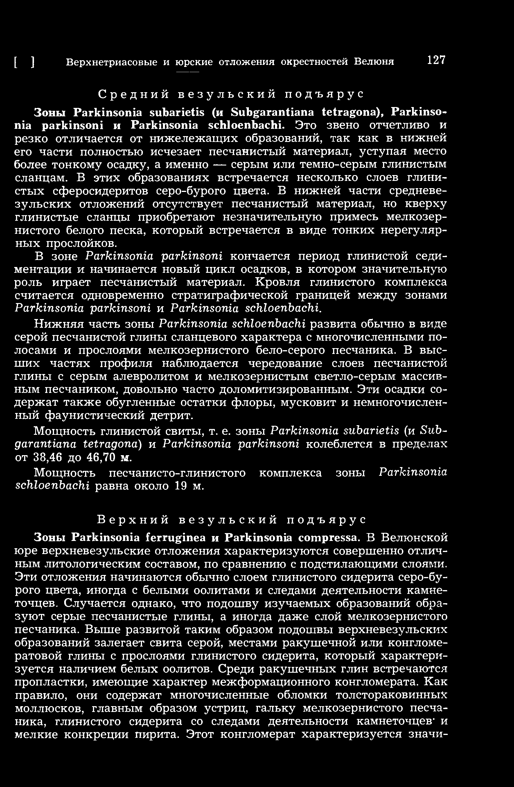 [39] Верхнетриасовые и юрские отложения окрестностей Велюня 127 Средний везульский подъярус Зоны Parkinsonia subarietis (и Subgarantiana tetragona), Parkinsonia parkinsoni и Parkinsonia schloenbachi.