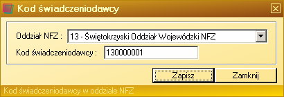 Zapisanie danych podstawowych spowoduje otworzenie formularza Kod świadczeniodawcy, pozwalając na wprowadzenie unikalnych identyfikatorów świadczeniodawcy w poszczególnych oddziałach NFZ Wprowadzenie