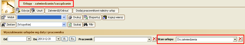 8 1.9. Zatwierdzenie urlopu 1.9.1. Sprawdzanie, "co jest do zatwierdzenia" Osobie posiadającej prawo "urlopy-zatwierdzanie" w momencie startu programu wykona się test i pojawi się komunikat o