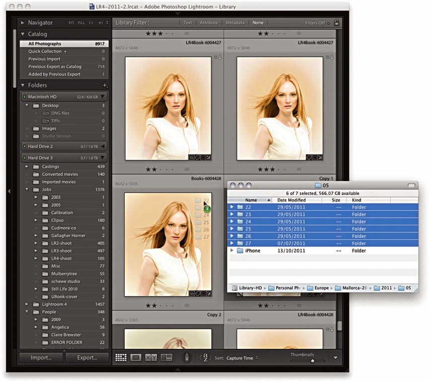 Importowanie zdjęć metodą przeciągnij i upuść Innym sposobem importowania zdjęć do Lightrooma jest zwyczajne przeciąganie ich z karty pamięci lub folderu w Finderze, Eksploratorze czy Bridge u i