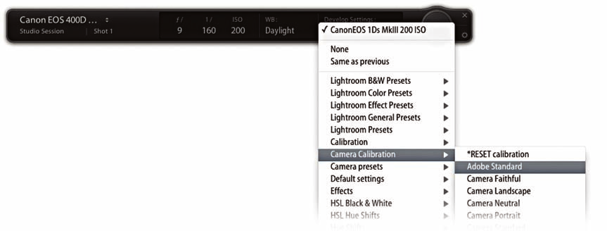 UWAGA w Lightroomie 4 Develop Presets pojawiają się teraz w kolejności hierarchicznej, na przykład przy wybieraniu ustawień Develop w panelu Tethered Shoot. Wybierz aparat 3.