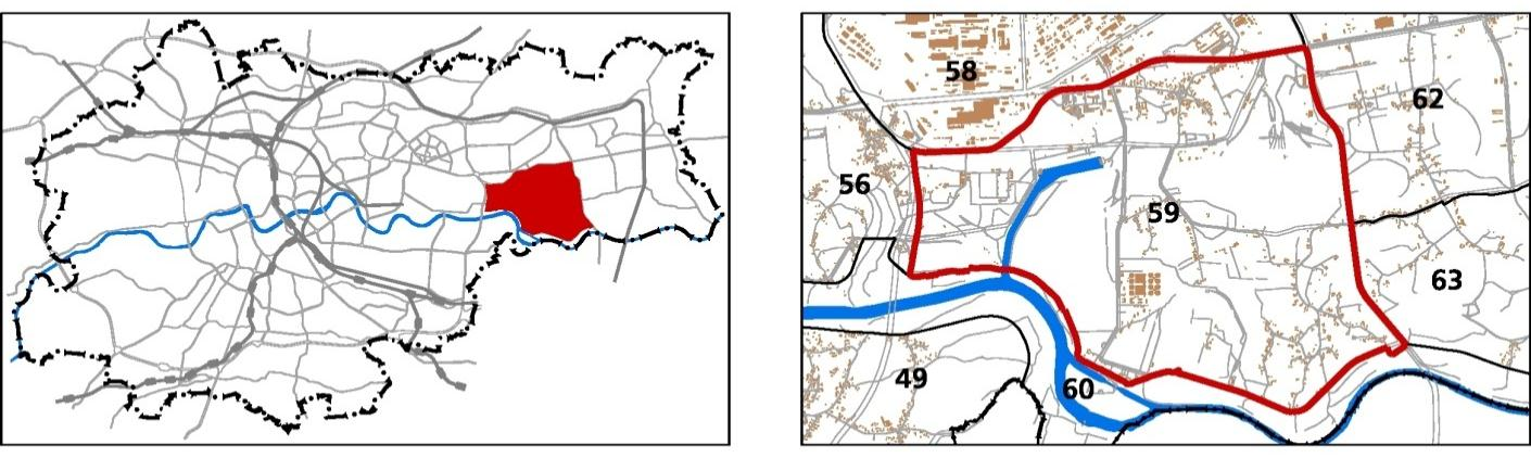 59. PLESZÓW JEDNOSTKA: 59 POWIERZCHNIA: NAZWA: 984.69 ha PLESZÓW KIERUNKI ZMIAN W STRUKTURZE PRZESTRZENNEJ Istniejąca zabudowa mieszkaniowa jednorodzinna os. Pleszów, os. Kujawy, os. Holendry i os.