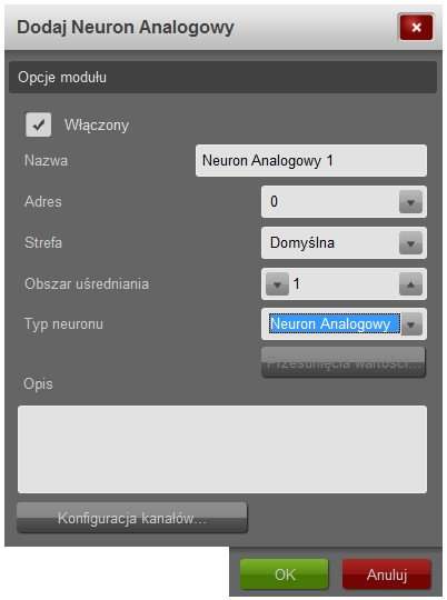 Rysunek 1: Lista elementów Modułu Neuronu Analogowego Neuronu Analogowego, przedstawionego na rysunku. Kliknięcie przycisku Usuń powoduje usunięcie z Systemu zaznaczonego Neuronu Analogowego.