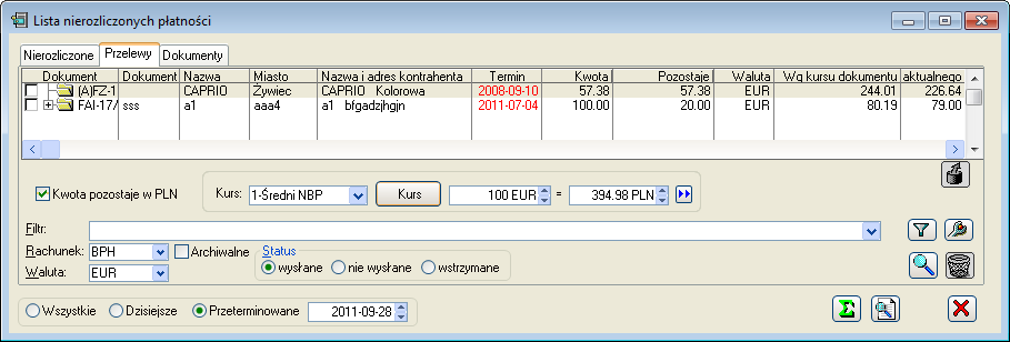 Rys. 9.102 Lista nierozliczonych płatności, zakładka: Przelewy.