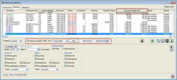 dokumentu pierwotnego i wg kursu wskazanego przez operatora. Wartości w walucie wyświetlane są w podziale na wpływy i wydatki.