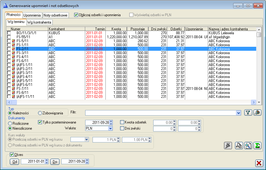 Generowanie upomnień i not odsetkowych, zakładka: Płatności Na zakładce znajdują się płatności wszystkich kontrahentów.