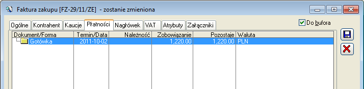 Rys. 9.130 Faktura zakupu, zakładka: Płatności. w oknie: Faktura zakupu, wybrać zakładkę Płatności na zakładce zaznaczyć płatność, która ma zostać podzielona.