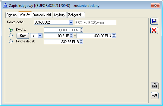 Rys. 9.175 Zapis księgowy, zakładka: Waluty. Na zakładce tej pokazane jest konto walutowe powiązane z kontem złotówkowym.
