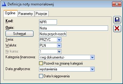 Zdefiniowane noty memoriałowe są dostępne po wybraniu funkcji: Noty memoriałowe/definicje dokumentów z menu: Księgowość. Są one zebrane w formie listy (Rys. 9.200). Rys. 9.200 Lista definicji not memoriałowych.