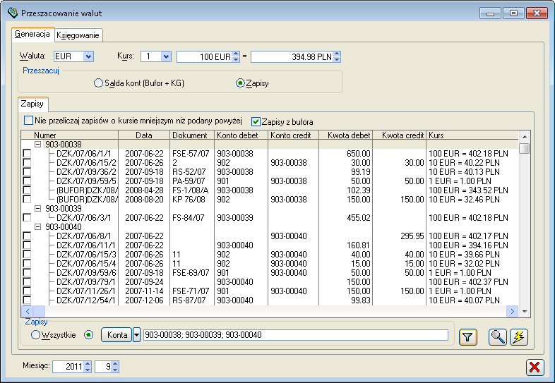 Rys. 9.216 Przeszacowanie walut, zakładka: Generacja. 9.12.1 Przeszacowanie walut, zakładka: Generacja Na zakładce ustala się walutę oraz kurs, według którego będą przeliczane wartości na kontach.