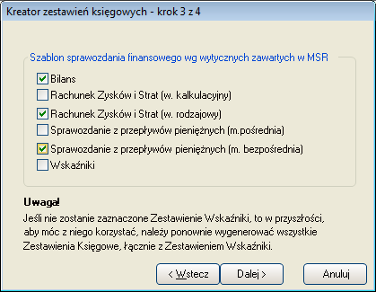 Rys. 9.248 Okno: Kreator zestawień księgowych krok 3 z 4. Krok czwarty to zakończenie kreowania szablonów zestawień. Szablony wskazane w kroku numer 2 i 3 będą widoczne na liście zestawień.