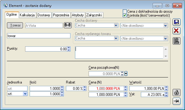 Rys. 9.17 Element faktury typu a vista. Wartość na faktury a vista można też wprowadzić z pominięciem elementów - bezpośrednio poprzez tabelkę VAT.