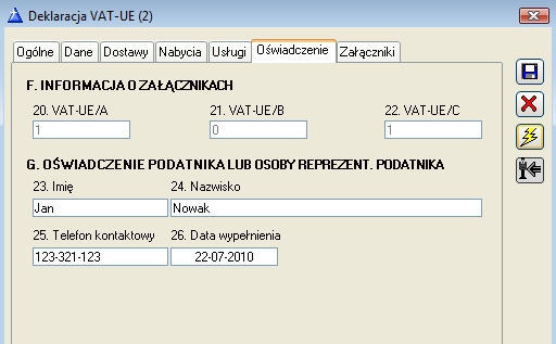 Zakładka: Oświadczenie Na zakładce: Oświadczenie podane są ilości załączników dołączonych do deklaracji oraz dane osoby reprezentującej podatnika. Rys. 9.