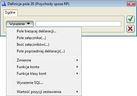 Rys. 9.38 Definicja pola z rozwiniętym menu. W oknie, należy nacisnąć przycisk:, który rozwinie menu, z dostępnymi wyrażeniami, jakimi można określić definiowane pole.