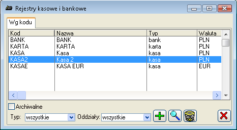 Rys. 9.50 Rejestry kasowe i bankowe. W otwartym oknie widoczna jest lista wszystkich rejestrów kasowych/bankowych. Każdy z nich opisany jest na liście przez kod i nazwę.