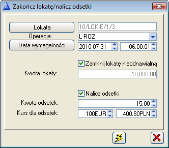 Po wybraniu opcji: Zamknij lokatę/nalicz odsetki, otwarte zostanie okno generacji zapisów kończących lokatę, na którym oprócz pól opisanych wcześniej pokazane będzie dodatkowe pole: Kurs dla odsetek