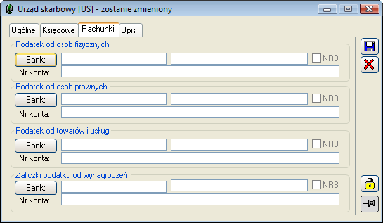 Rys. 9.82 Formatka urzędu, zakładka: Rachunki. Przy eksporcie płatności dla banku system będzie pobierał rachunek w zależności od dokumentu generującego daną płatność (deklaracja VAT-7, CIT itd.). 9.5.