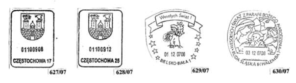 Rejestr stempli okolicznościowych 2007 r. 627/07 od 18.10.2007 Częstochowa 17 Na rysunku herb miasta 628/07 od 18.10.2007 Częstochowa 25 Na rysunku herb miasta 629/07 01.