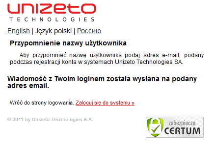 Rysunek 20: Przypomnienie hasła użytkownika. Należy wprowadzić nazwę użytkownika ( adres e-mail ).