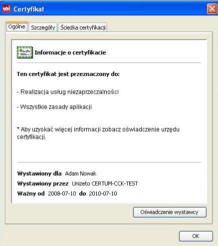 W oknie, które się następnie pojawi, zawarte zostaną wszystkie informacje dotyczące danego certyfikatu kwalifikowanego. UWAGA! Decyzja o akceptacji certyfikatu może być podjęta tylko jeden raz.