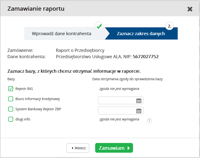 Instrukcja Użytkownika System BIG.pl Strona 110 z 170 Istnieje możliwość zamówienia raportu o podmiocie zagranicznym poprzez zaznaczenie check-boxa Podmiot zagraniczny.