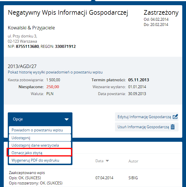 Instrukcja Użytkownika System BIG.pl Strona 154 z 170 Udostępnianie Informacji Gospodarczych jest również możliwe z poziomu operacji masowych.