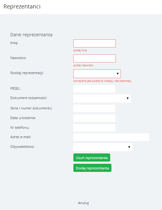 Instrukcja Użytkownika System BIG.pl Strona 64 z 170 Bez względu na formę prawną niezbędne jest podanie co najmniej jednego reprezentanta.