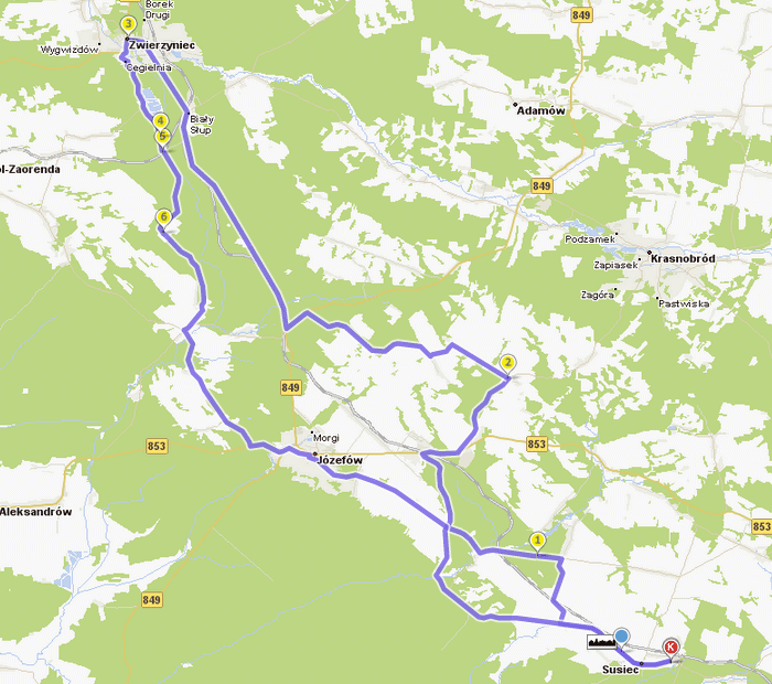 6 Trasa nr 3 Zwierzyniec Długość: ok. 80km Przebieg: Susiec Oseredek Majdan Sopocki Nowiny Hamernia Długi Kąt Stanisławów Szopowe las.