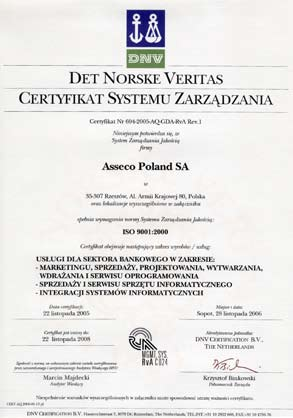 Misja i strategia, System Zarządzania przez Jakość System Zarządzania przez Jakość Asseco Poland SA kładzie szczególny nacisk na najwyższą jakość oferowanych produktów i usług.