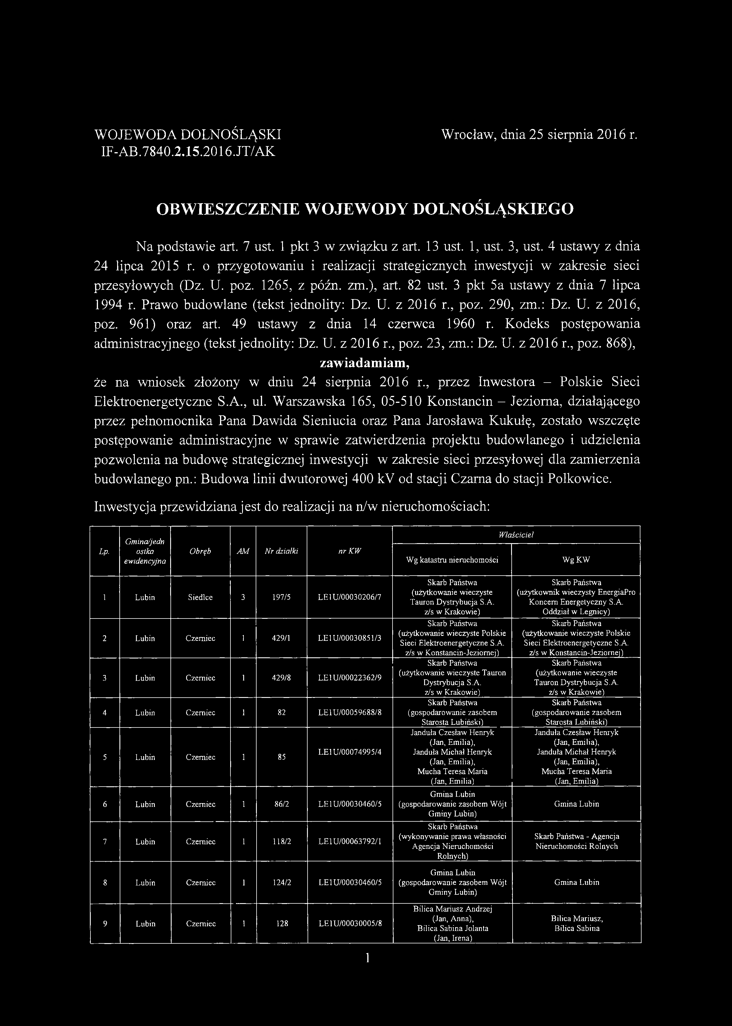 WOJEWODA DOLNOŚLĄSKI IF-AB.7840.2.15.2016. JT/AK Wrocław, dnia 25 sierpnia 2016 r. OBWIESZCZENIE WOJEWODY DOLNOŚLĄSKIEGO Na podstawie art. 7 ust. 1 pkt 3 w związku z art. 13 ust. 1, ust. 3, ust.