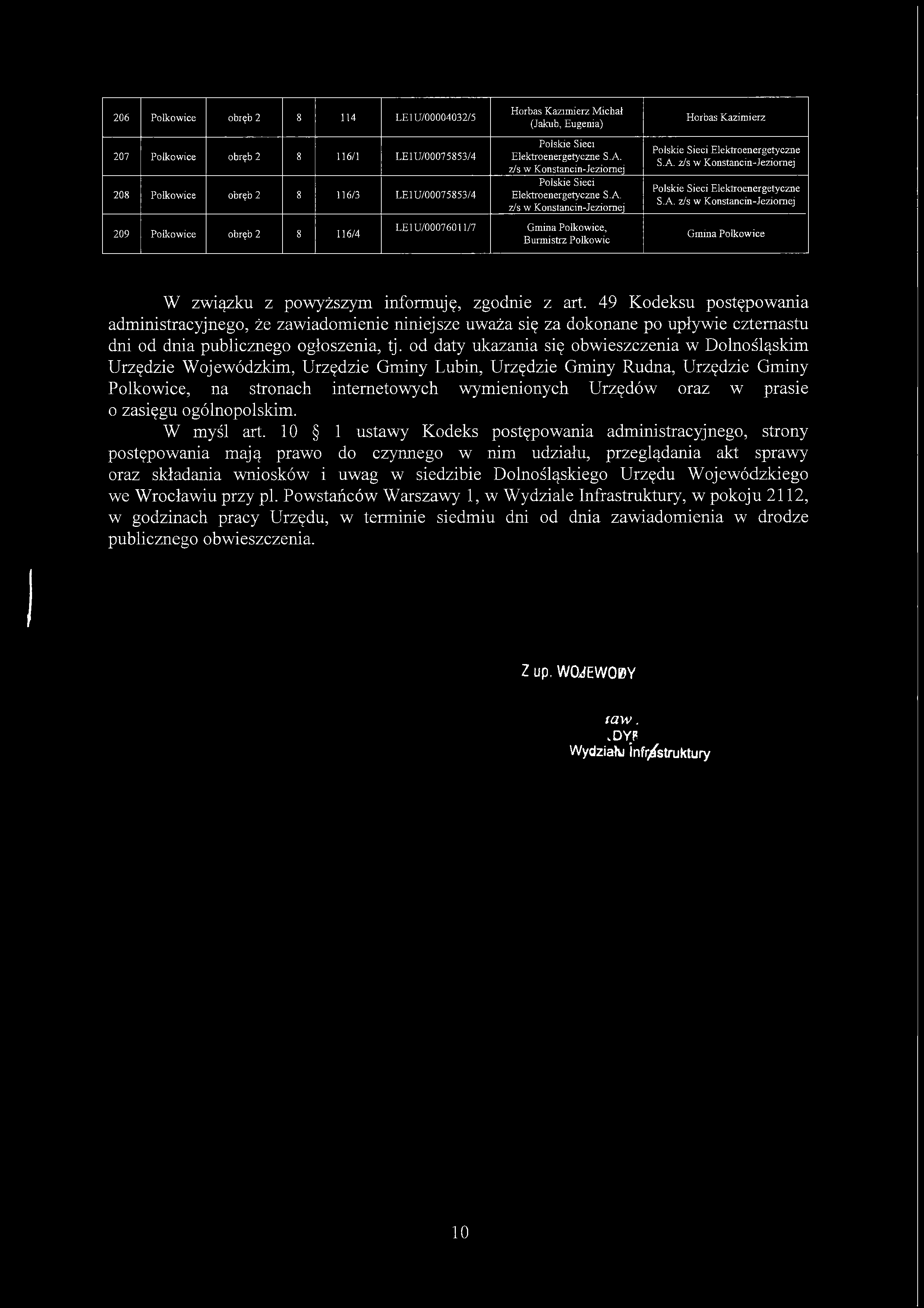 206 Polkowice obręb 2 8 114 LEI U/00004032/5 207 Polkowice obręb 2 8 116/1 LE1U/00075853/4 208 Polkowice obręb 2 8 116/3 LE1U/00075853/4 209 Polkowice obręb 2 8 116/4 LE1U/00076011/7 Horbas Kazimierz