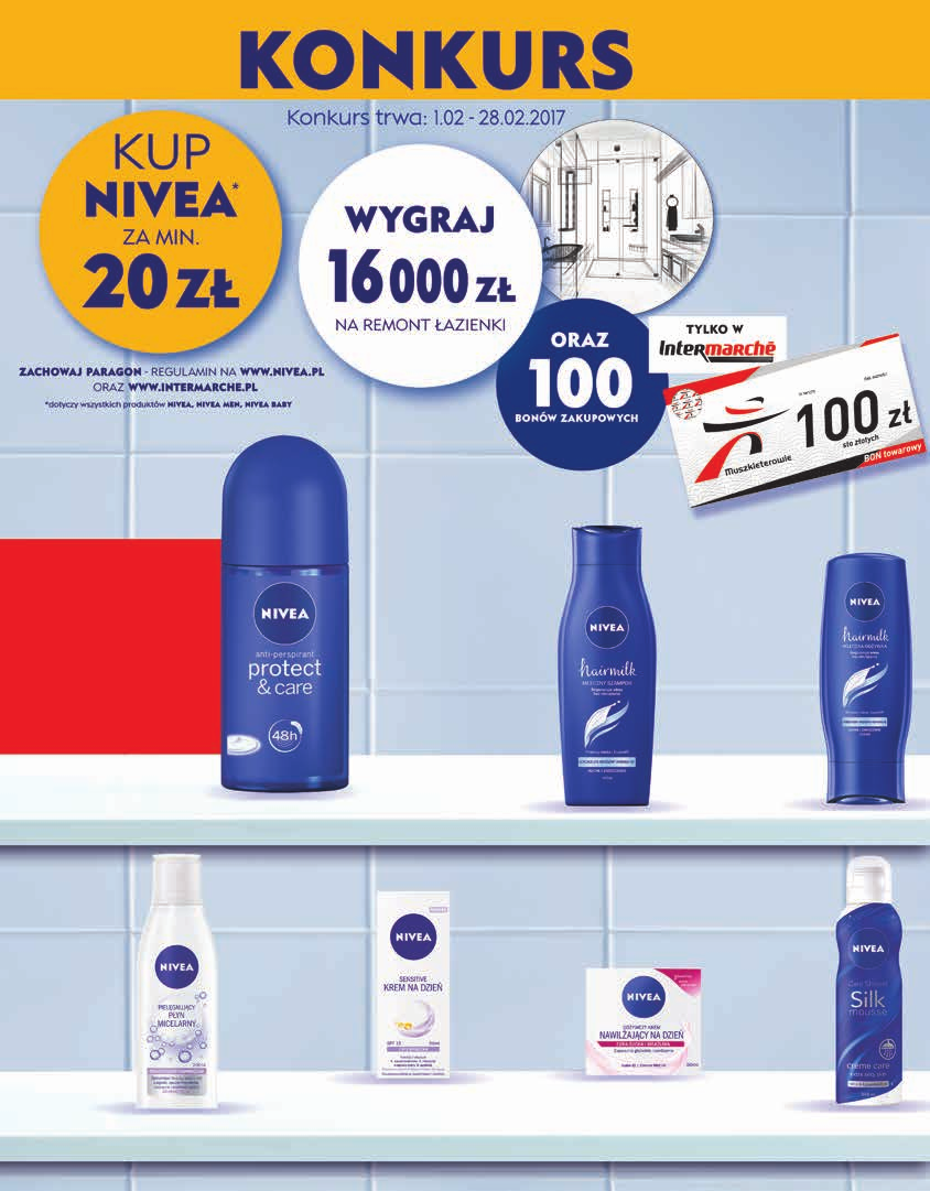 oferta ważna od 16 lutego do 1 marca Dezodorant Nivea roll-on 50 ml, 14,98 zł / 100 ml 1,50 zł 8,99 7 49 Szampon do włosów Nivea 400 ml, 23,73 zł / 1 l 2,50 zł 11,99 9 49 Odżywka do włosów Nivea 200