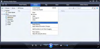 Windows Media Player v11 w systemie operacyjnym Windows XP 1 Udostępnianie sieci 2 W programie Windows Media Player wybierz w menu pozycję Library (Biblioteka), a następnie wybierz opcję Media