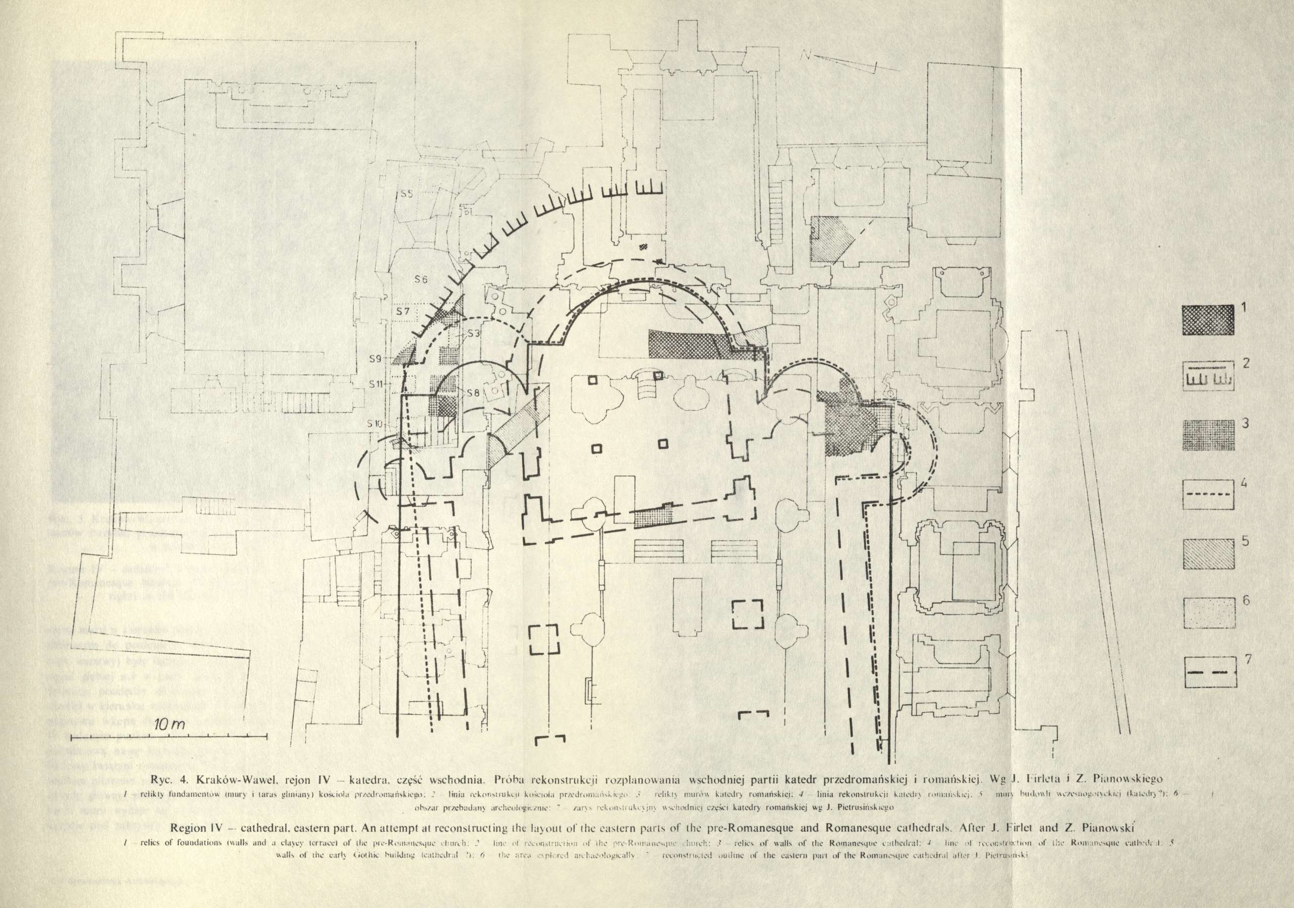 Ryc. 4. Kraków-Wawel, rejon IV katedra, część wschodnia. Próba rekonstrukcji rozplanowania wschodniej partii katedr przedromańskiej i romańskiej. Wg J. F irleta i Z.