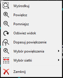 Wyświetlane jest klikając prawy klawisz myszy. Pierwsze cztery polecenia służą do bezpośredniego dostosowywania powiększenia.