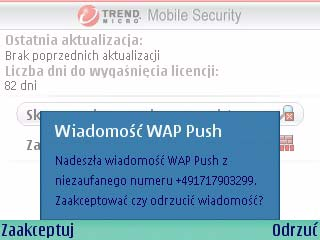 Filtrowanie wiadomości WAP Push Postępowanie z zablokowanymi wiadomościami WAP Push Po włączeniu powiadamiania WAP Push aplikacja Mobile Security informuje o otrzymaniu wiadomości WAP Push od