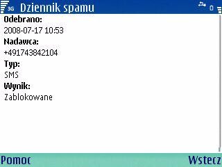 Wyświetlanie dzienników zdarzeń Każdy wpis w dzienniku spamu (patrz Rysunek 9-8) zawiera następujące informacje: Odebrano data nadejścia wiadomości Nadawca numer telefonu nadawcy