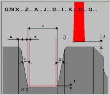 Cykl toczenia rowków G79 G79 X... Z... [A /H ] [C /W ] [I ] [K ] [D ] [J ] [O ] [Q ] X,Z kiedy D>0 współrzędna lewego pkt. narożnego rowka kiedy D<0 współrzędna prawego pkt.