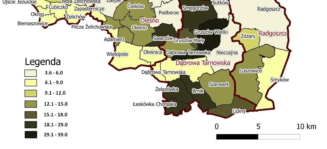 Liczbowe dane na temat średniego wskaźnika w poszczególnych obrębach powiatu dąbrowskiego przedstawiają poniższe tabele Liczbowe dane na temat średniego wskaźnika w poszczególnych obrębach powiatu