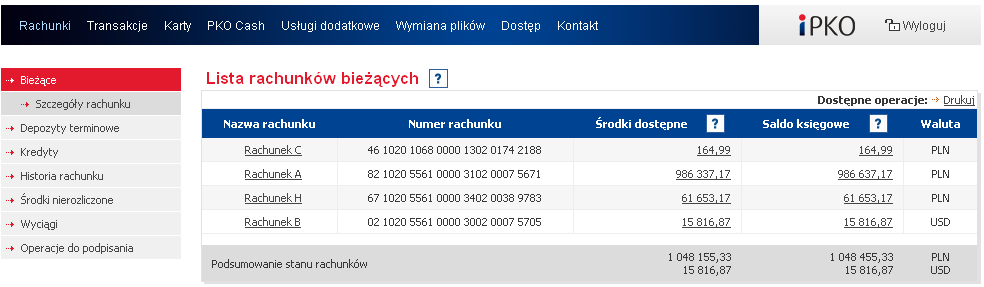 Klikając w kwotę znajdującą się w rubryce Środki dostępne następuje przejście do opcji Środki nierozliczone, zaś w rubryce "Saldo księgowe" do Historii rachunku.