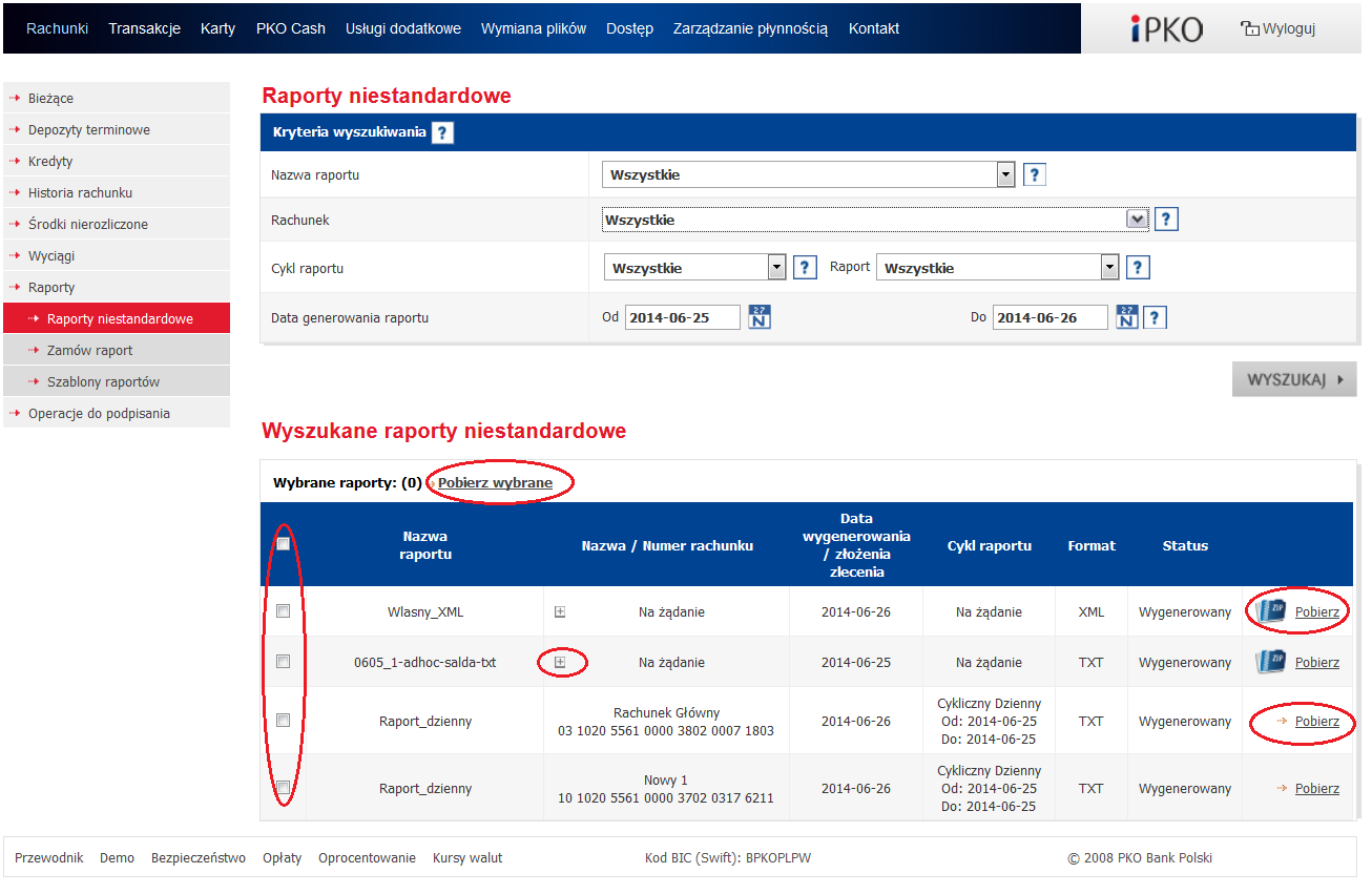 Lista szablonów na podstawie, których można zamówić raport na żądanie posiada 3 standardowe utworzone przez Bank szablony: Elixir, Kontakt oraz MT940.