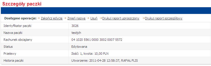 Importowanie transakcji do już istniejącej paczki Aby dodać nowe transakcje do już istniejącej paczki wybieramy Szczegóły i w liście przelewów wybieramy link Importuj z pliku.