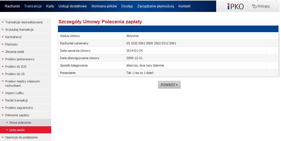 Lista umów Ekran Lista umów prezentuje listę rachunków, dla których zarejestrowana jest umowa Polecenia Zapłaty.