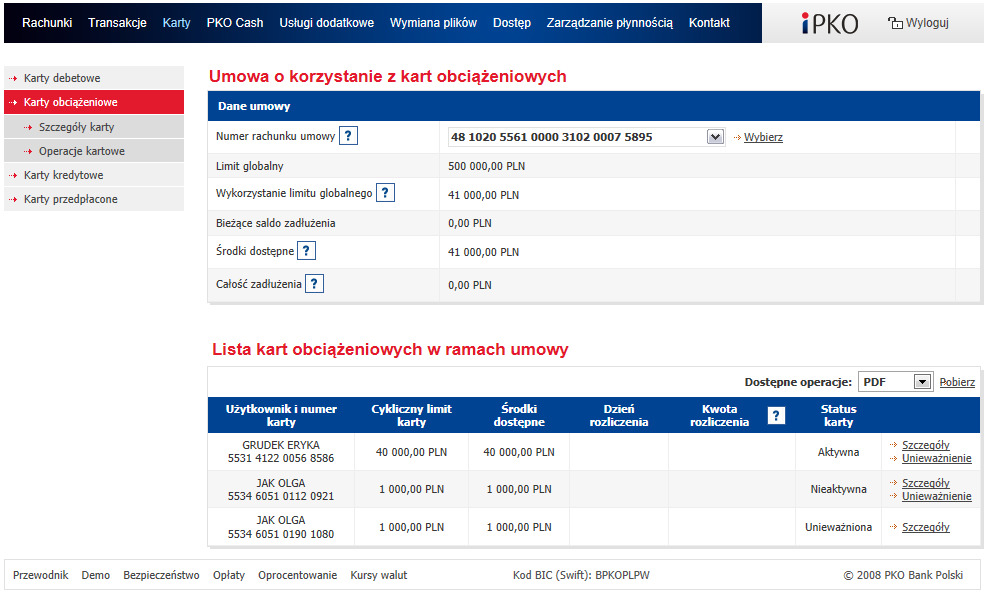 Strona prezentuje listę rachunków bieżących, do których zawarte zostały umowy o karty obciążeniowe.